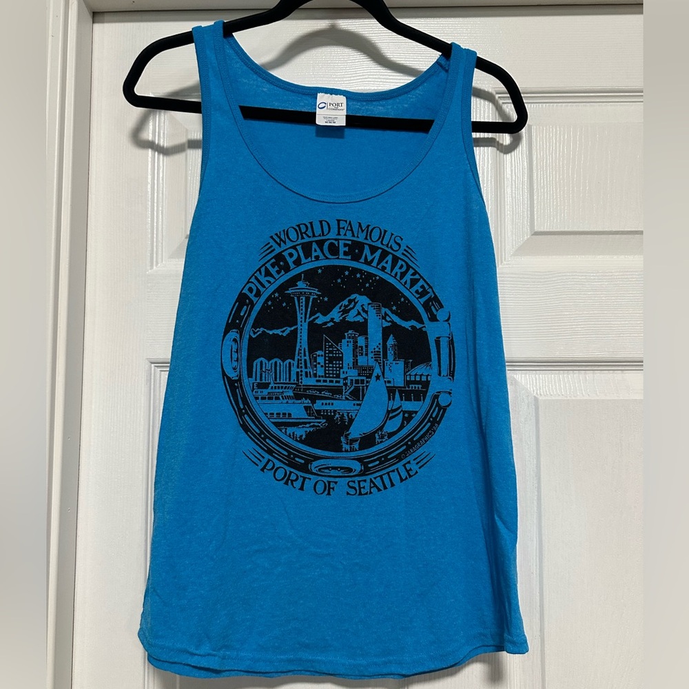 Blue Pikes Place Market, Space Needle Tank Top, Port of Seattle WA, Women's M